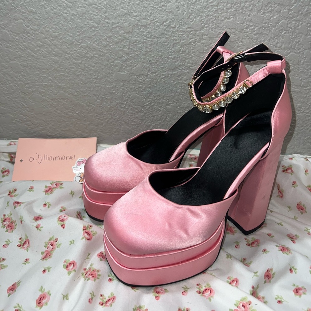 Pink platform rhinestone heels
